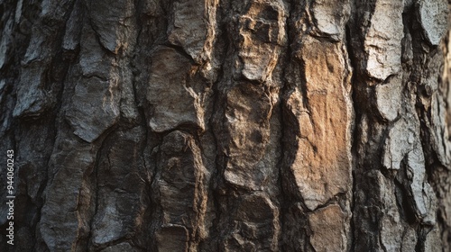 Close up view rugged texture of tree bark, ideal for nature themed design projects and backgrounds