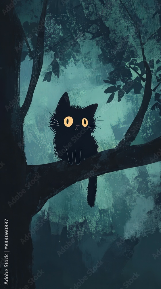 A curious black cat perched on a branch in a misty forest at night A curious black cat perched on a branch in a misty forest at night