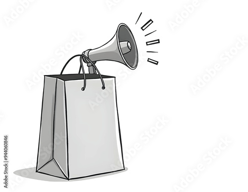 a thin ouline drawing of a black friday shopping bag with a megaphone on it