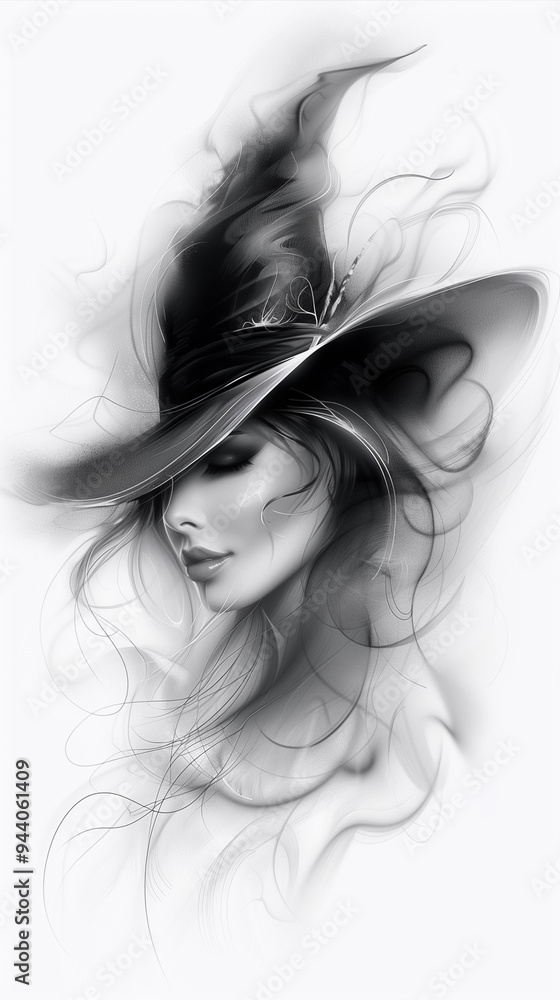 A striking depiction of a woman with long, flowing hair and a wide-brimmed hat, surrounded by soft, swirling lines that convey a sense of elegance and mystery A striking depiction of a woman with long, flowing hair and a wide-brimmed hat, surrounded by soft, swirling lines that convey a sense of elegance and mystery