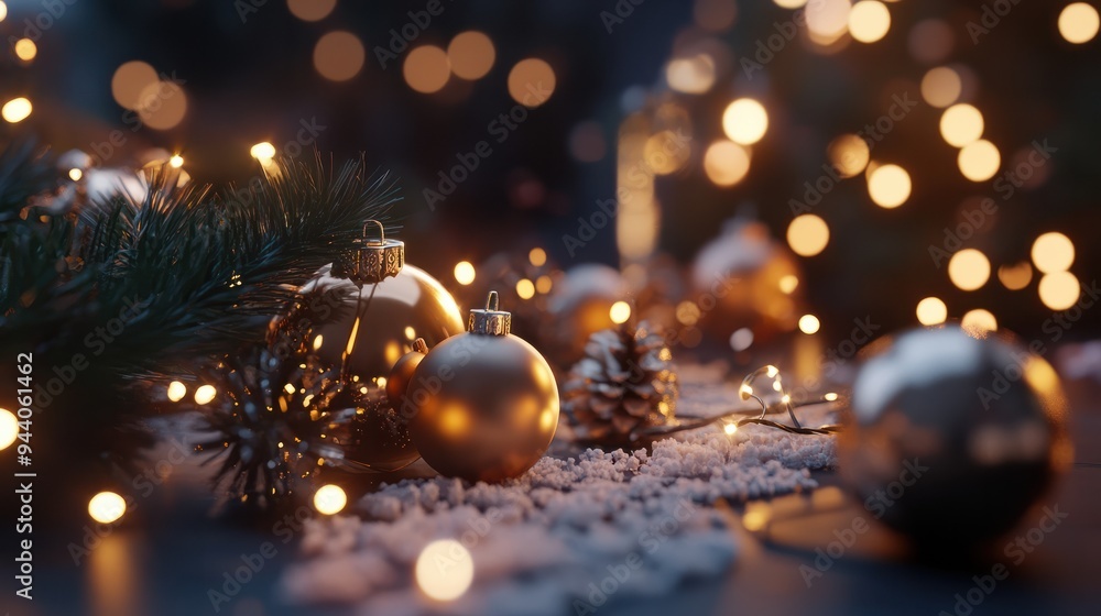 Weihnachtskugeln und verschwommene, glänzende Lichter Weihnachtskugeln und verschwommene, glänzende Lichter