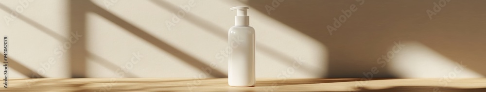 Glass shampoo bottle on wood in natural light Glass shampoo bottle on wood in natural light
