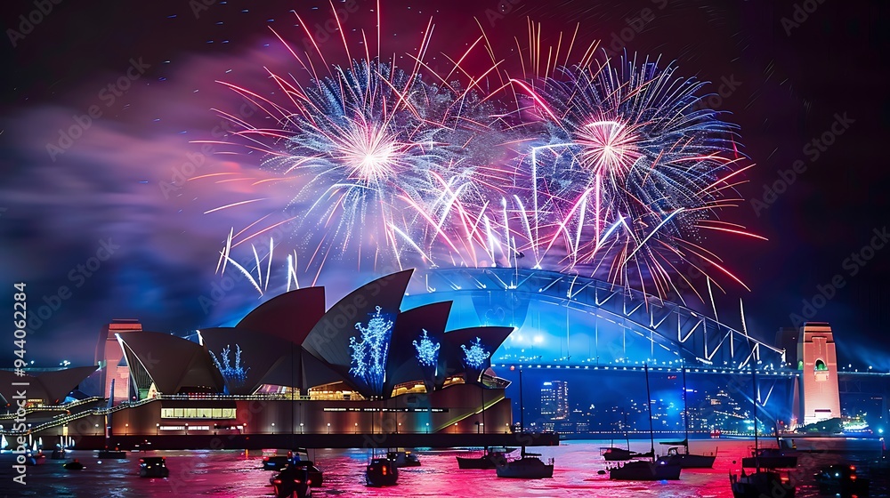 Fototapeta premium Australian New Year's Eve fireworks over Sydney Opera House and Harbour Bridge