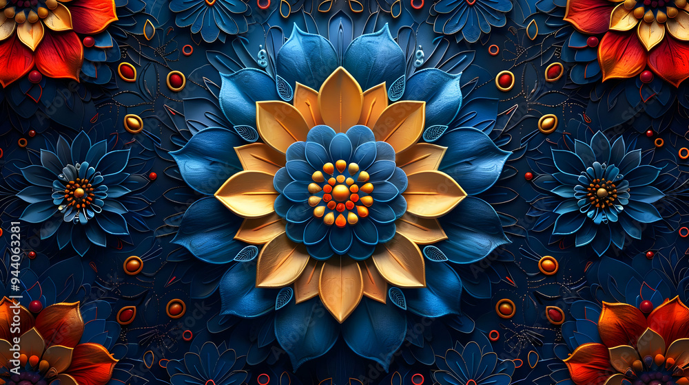 Blue and Gold Floral 3D Illustration