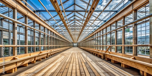 Sunlight Through the Greenhouse A Perspective of Architectural Detail and Wooden Structure, with a View of the Sky and a Wooden