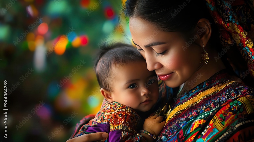 Tender moment between mother and child, capturing love and connection in a vibrant cultural setting.