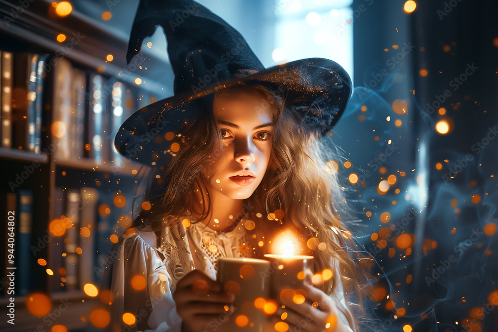 A young witch, with long wavy hair wearing a pointed hat, stands in a dimly lit library. She holds a candle that illuminates her face and the surrounding enchanted dust particles A young witch, with long wavy hair wearing a pointed hat, stands in a dimly lit library. She holds a candle that illuminates her face and the surrounding enchanted dust particles