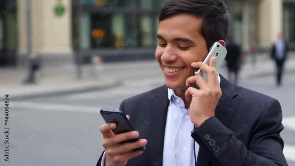 A smiling man in a suit uses two mobile phones while engaging in conversation on a busy city street