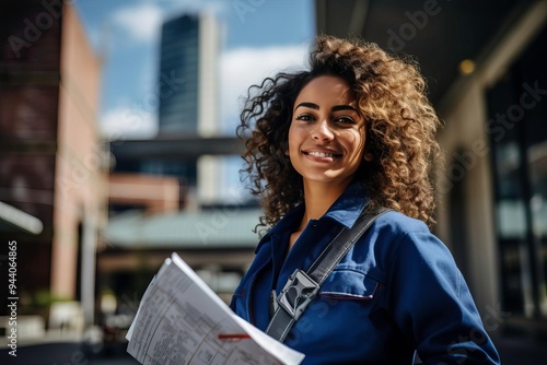 A cheerful woman with curly hair holding documents, standing in an urban environment with modern buildings in the background. #944064865