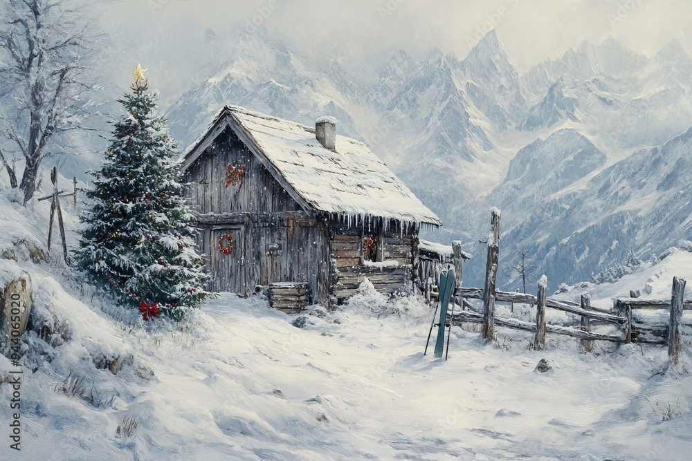 Austria, Altenmarkt-Zauchensee, wooden house with a Christmas tree in the snow Austria, Altenmarkt-Zauchensee, wooden house with a Christmas tree in the snow