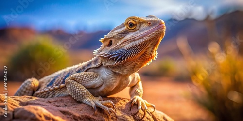 The Bearded Dragon's Gaze A Macro Perspective on Scaly Skin and Golden Light photo