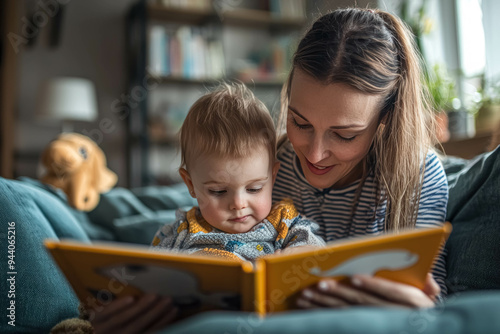 Cozy Moment With Mother and Baby Reading Together a Colorful Animal Book