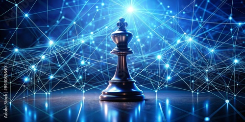 The King of the Network A 3D Render of a Silver Chess King on a Blue Network Background photo