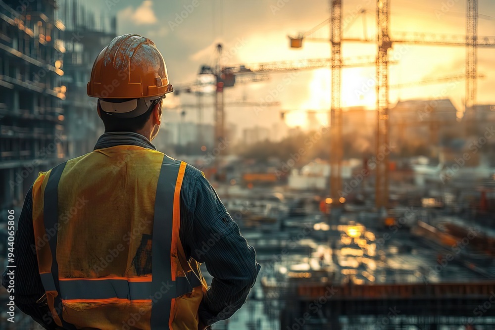 A construction worker observes a bustling site at sunset, showcasing the essence of hard work and dedication in the industry. A construction worker observes a bustling site at sunset, showcasing the essence of hard work and dedication in the industry.