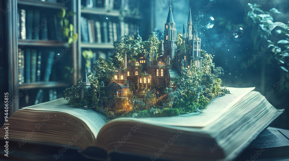 Fototapeta premium Książka otwierająca portal do fantastycznego świata. Z kart książki wyrastają niesamowite krajobrazy, pełne magicznych stworzeń, latających wysp, smoków i baśniowych zamków.