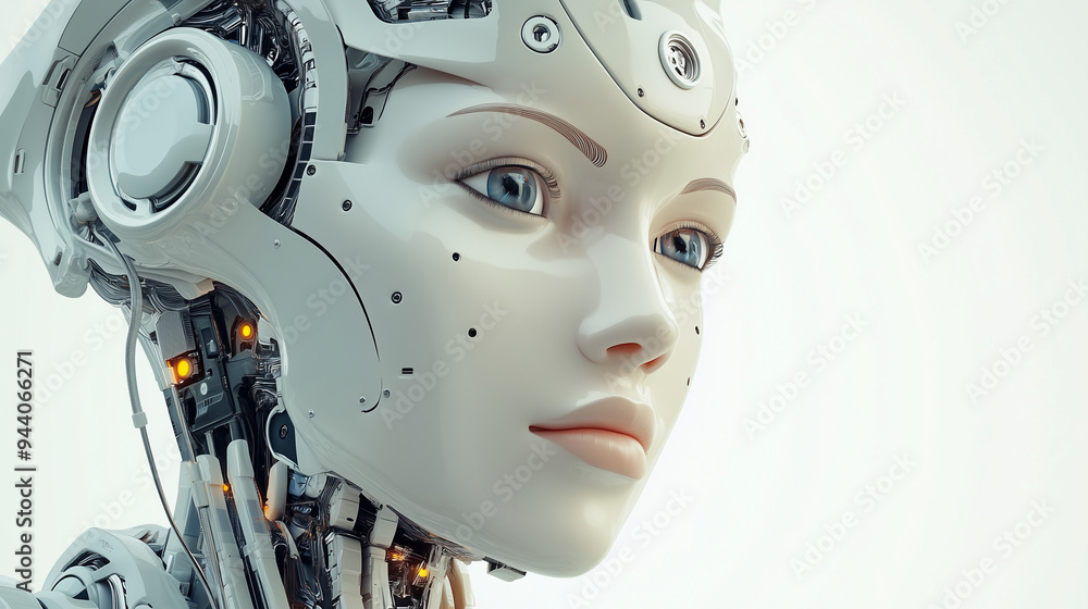 Twarz kobiecego robota w koncepcji sztucznej inteligencji, z nowoczesnym, futurystycznym wyglądem. Oczy robota są zintegrowane z jego strukturą, świecąc delikatnym blaskiem. Twarz kobiecego robota w koncepcji sztucznej inteligencji, z nowoczesnym, futurystycznym wyglądem. Oczy robota są zintegrowane z jego strukturą, świecąc delikatnym blaskiem.