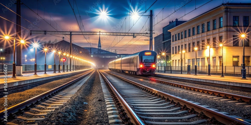 Fototapeta premium Train Leaving the Station at Dawn - Low Angle Composition, Cityscape with Train, Dramatic Lighting, Focus on Train, Urban