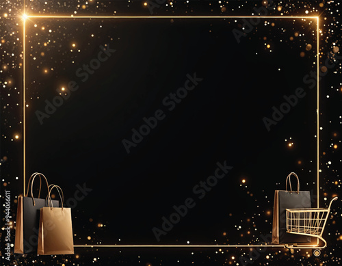 a luxury black friday background with a golden frame and sparkles with shopping bags and carts on it