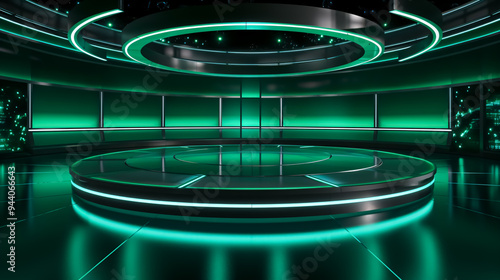 3D rendering of an empty studio with a lot of green lights