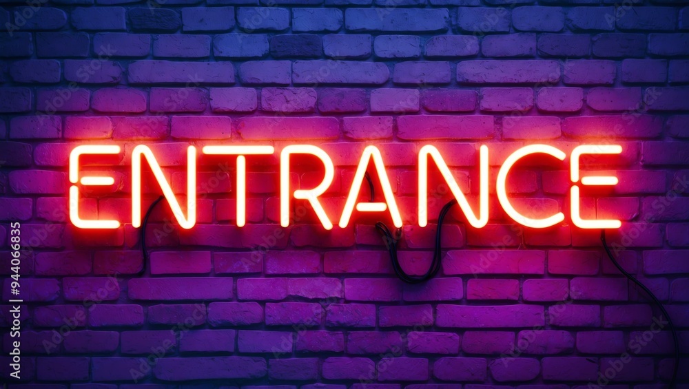 Obraz premium neon backlit style of the word entrance on a brick wall background