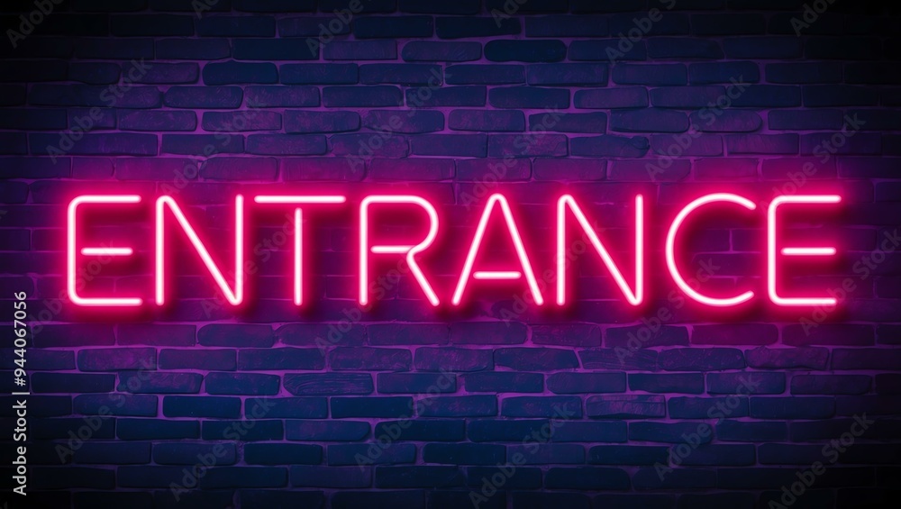 Fototapeta premium neon backlit style of the word entrance on a brick wall background