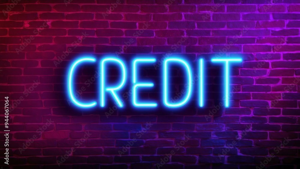 Fototapeta premium neon backlit style of the word credit on a brick wall background