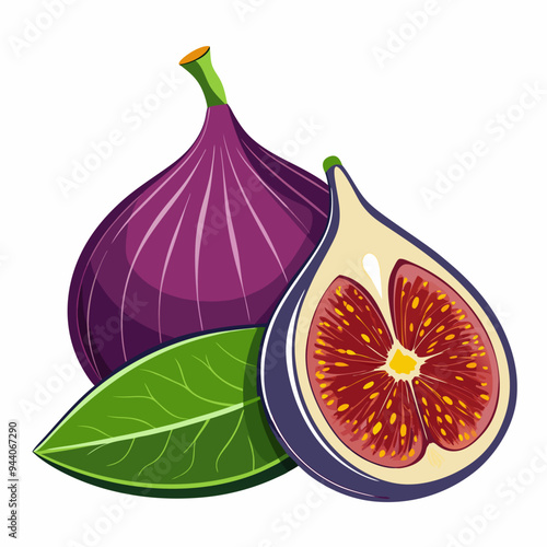 Whole and Sliced Fig with Green Leaves