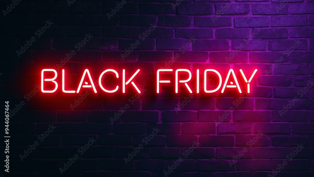 Obraz premium neon backlit style of the word black friday on a brick wall background