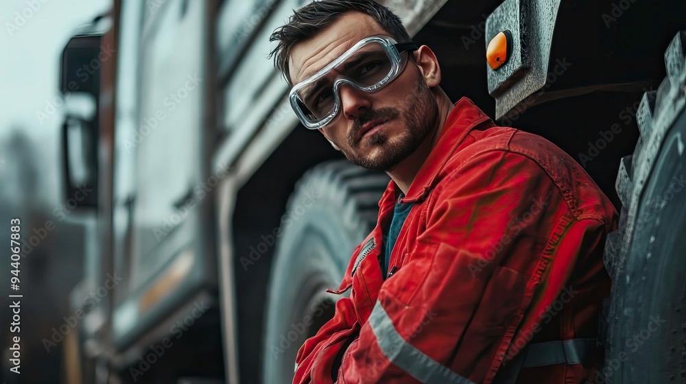A focused worker in protective gear, standing beside heavy machinery, showcasing dedication and safety in the industrial environment. A focused worker in protective gear, standing beside heavy machinery, showcasing dedication and safety in the industrial environment.
