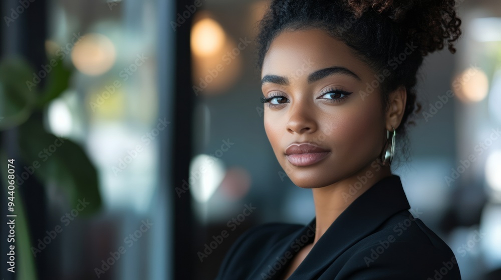 A professional woman with short afro hair showcases her focus and confidence while in a meeting A professional woman with short afro hair showcases her focus and confidence while in a meeting