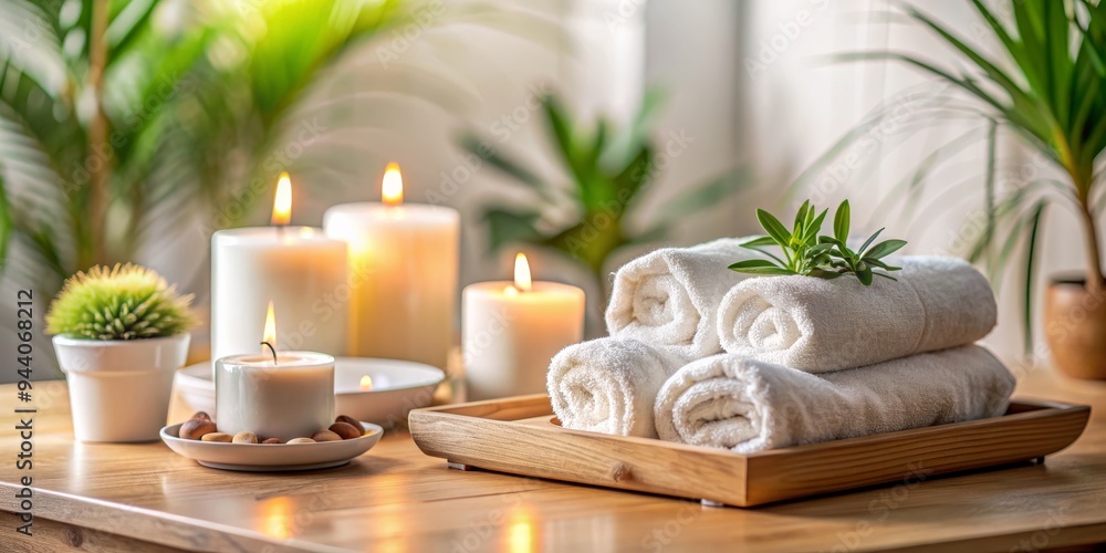 Warm Ambiance Rolled Towels with Candles and Green Plants on Wooden Table Warm Ambiance Rolled Towels with Candles and Green Plants on Wooden Table