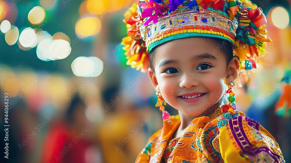 Fototapeta premium A joyful child in a vibrant, traditional costume, smiling brightly at a festive celebration filled with colorful lights.