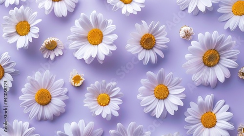 This image showcases various white daisies with yellow centers scattered randomly across a light purple surface, creating a lively floral backdrop.