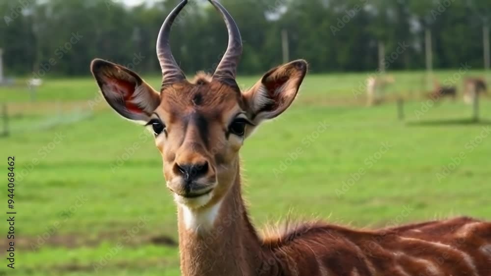 A close up of an antelope in a lush green field, showcasing its horns and peaceful expression, evoking a serene wildlife atmosphere A close up of an antelope in a lush green field, showcasing its horns and peaceful expression, evoking a serene wildlife atmosphere