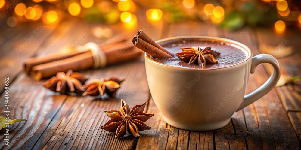 Warm Spiced Cocoa with Star Anise and Cinnamon on Rustic Wooden Table with Golden Lights in Background Warm Spiced Cocoa with Star Anise and Cinnamon on Rustic Wooden Table with Golden Lights in Background