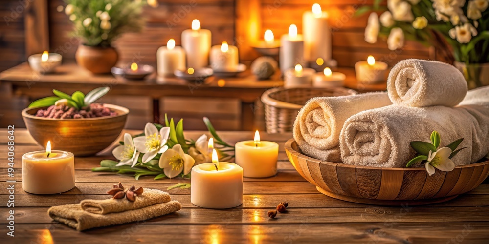 Warmth and Tranquility A Still Life of Candles, Towels, and Flowers on a Wooden Table Warmth and Tranquility A Still Life of Candles, Towels, and Flowers on a Wooden Table