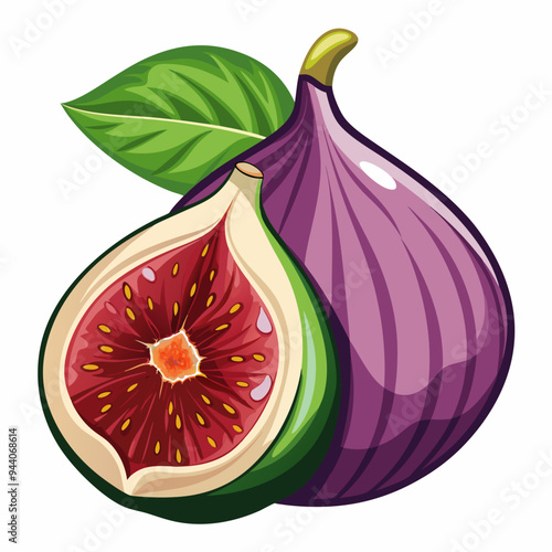 A Whole Fig and a Sliced Half with Green Leaf