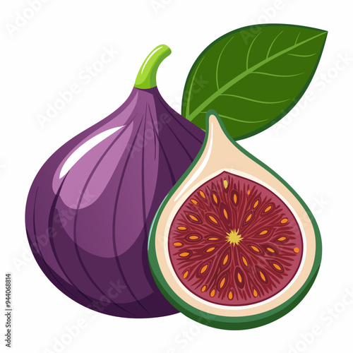 A Whole Fig and Half of a Fig with a Leaf