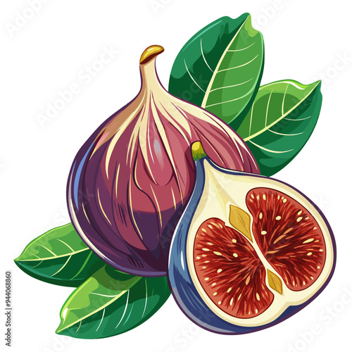 A Whole and Sliced Fig with Green Leaves