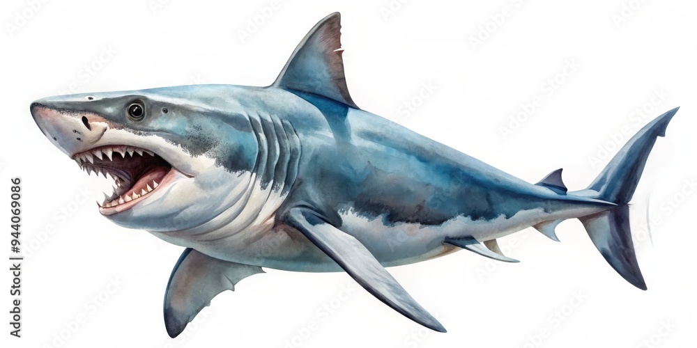 Naklejka premium Watercolor Great White Shark A Close-Up Perspective of the Apex Predator
