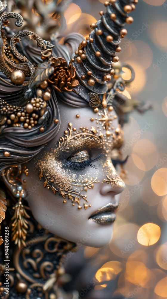 Striking mask features detailed embellishments of gold and silver, elegantly framing model's face that captures the spirit of celebration Striking mask features detailed embellishments of gold and silver, elegantly framing model's face that captures the spirit of celebration