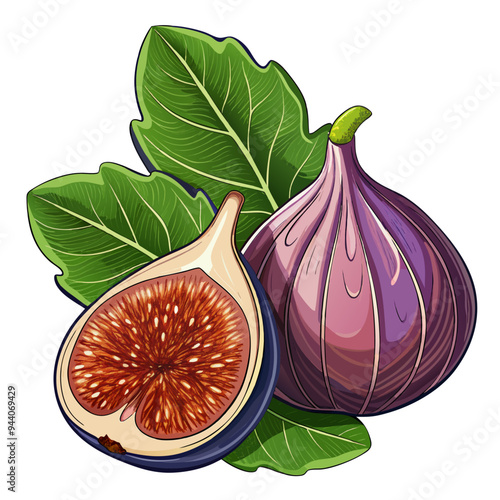 Whole and Halved Figs with Green Leaves