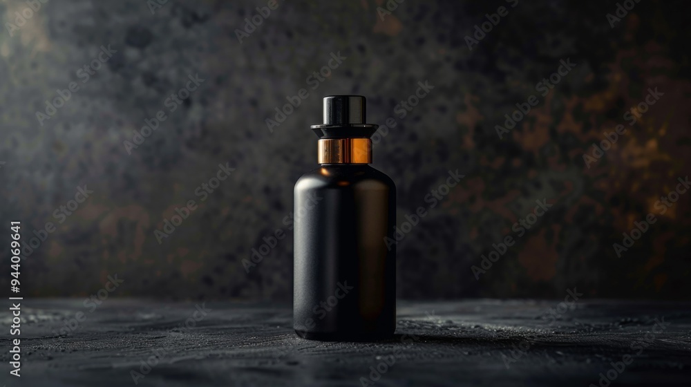 An elegant black bottle adorned with a gold accent stands alone in a dark, dramatic setting, highlighting an air of mystery and sophistication. An elegant black bottle adorned with a gold accent stands alone in a dark, dramatic setting, highlighting an air of mystery and sophistication.