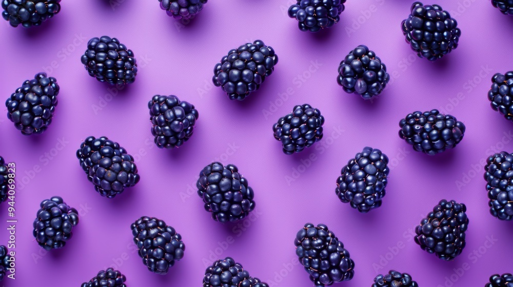 Juicy blackberries are artistically displayed on a vivid purple backdrop in a scattered pattern, emphasizing the fruit's freshness and creating a bold, flavorful visual appeal. Juicy blackberries are artistically displayed on a vivid purple backdrop in a scattered pattern, emphasizing the fruit's freshness and creating a bold, flavorful visual appeal.