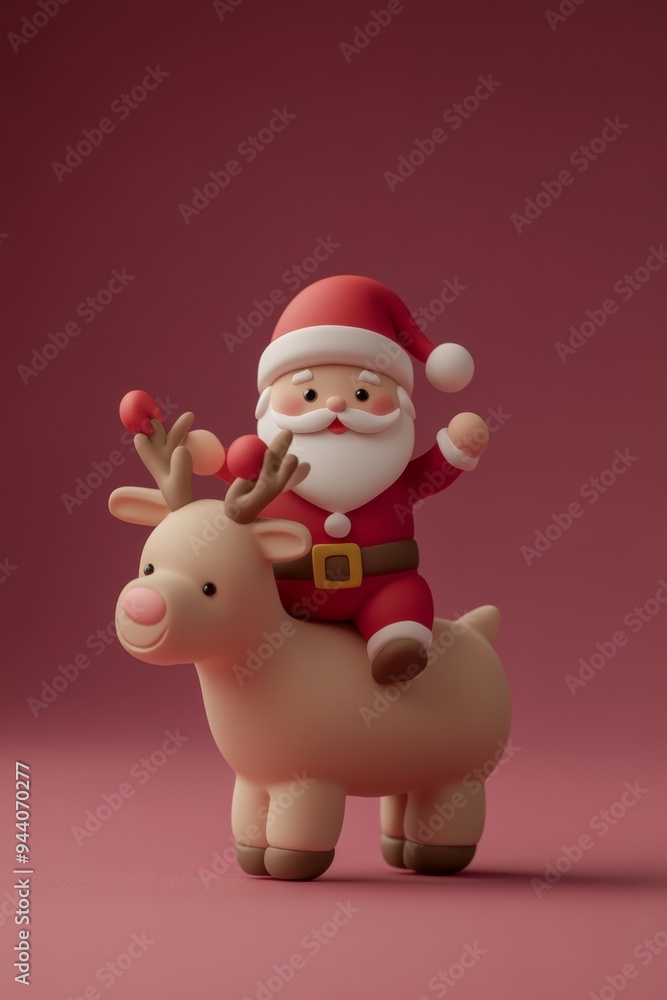The Santa Claus is riding a north deer made from plasticine. The Santa Claus is riding a north deer made from plasticine.