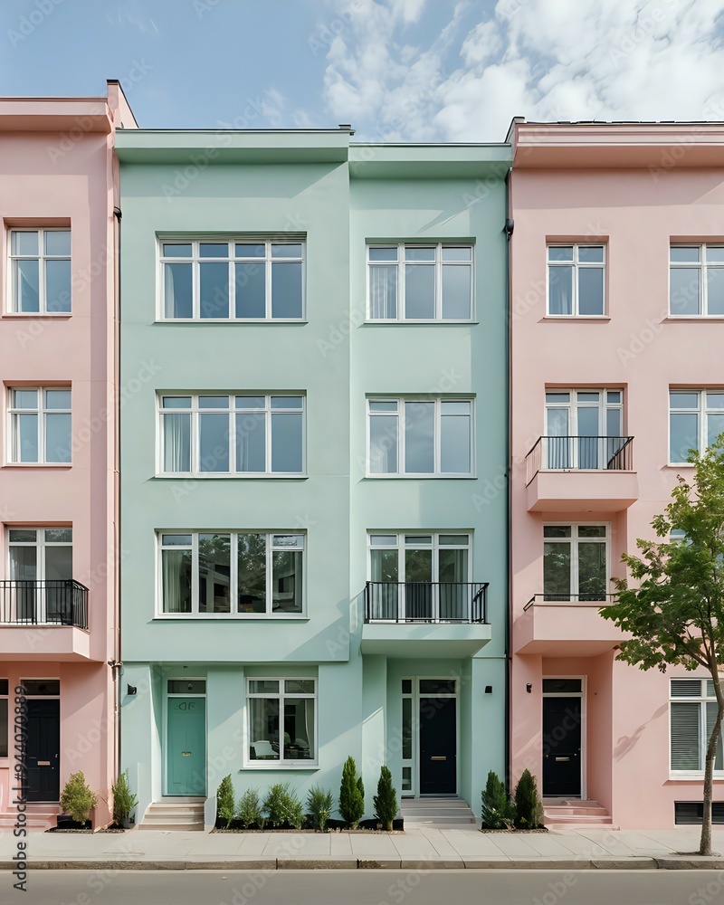 Obraz premium A row of pastel pink and green townhouses with black doors and windows, viewed from the street.