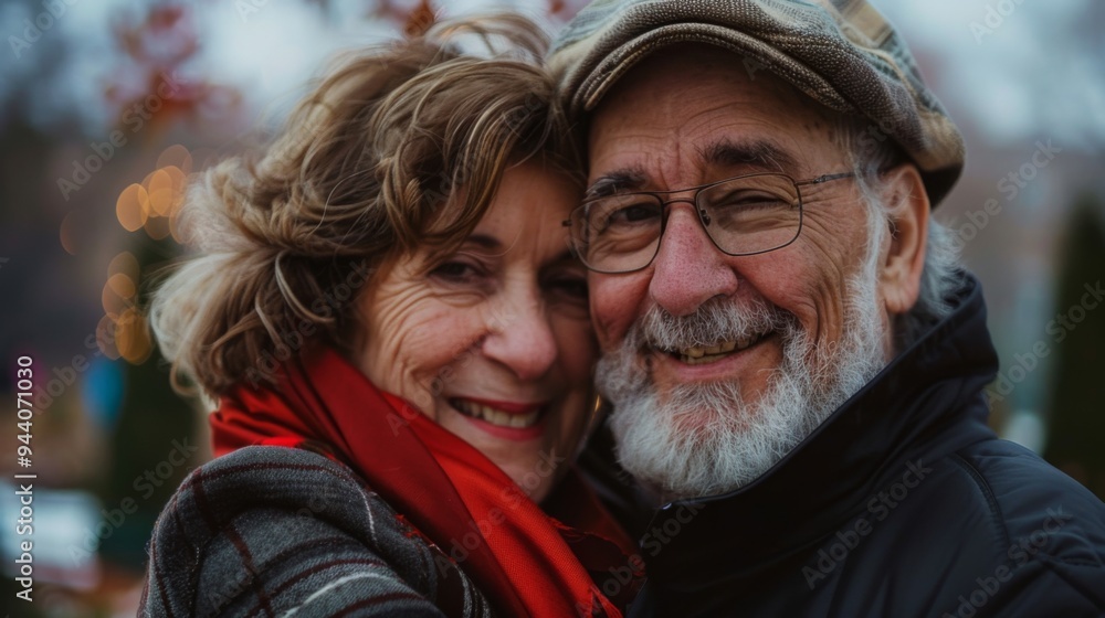 Elderly couple embracing and smiling warmly against a soft background of festive outdoor lights and foliage, capturing a moment of joy and togetherness. Elderly couple embracing and smiling warmly against a soft background of festive outdoor lights and foliage, capturing a moment of joy and togetherness.