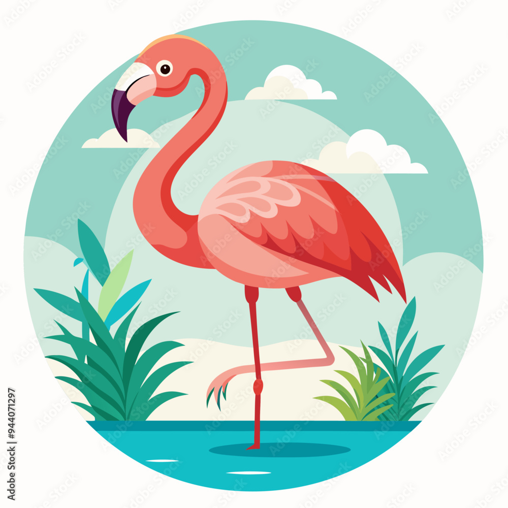 Obraz premium Pink Flamingo Standing in Blue Water with Green Plants and Clouds in a Circular Frame