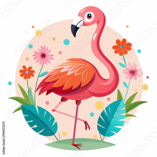 Pink Flamingo Standing on One Leg in a Tropical Setting