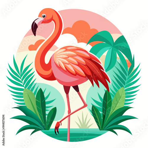 Pink Flamingo Standing in Tropical Foliage